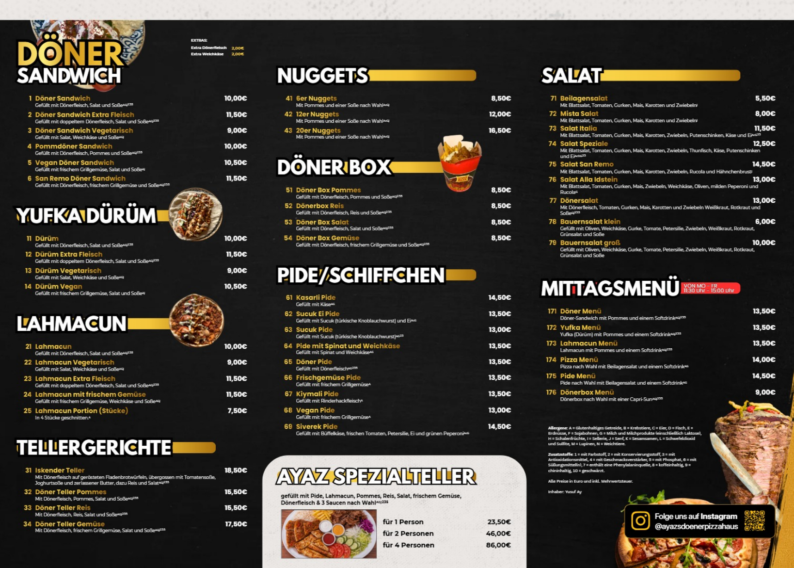Speisekarte AYAZ’S – Seite 1
