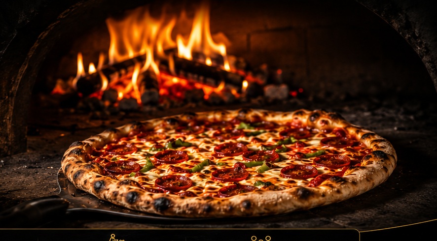 Pizza im Steinofen mit Flammen bei AYAZ’S